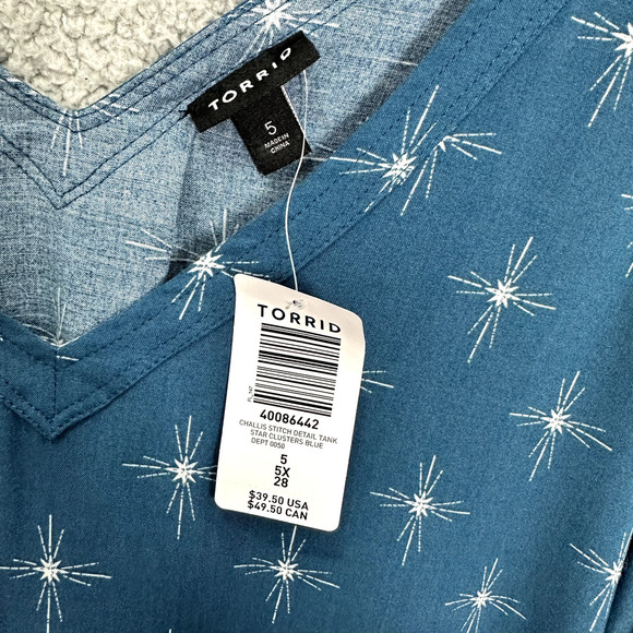 Torrid‎ Tank Top Womens 5X Blue Geometric Star V Neck Flowy Challis Stitch Boho - Picture 2 of 7